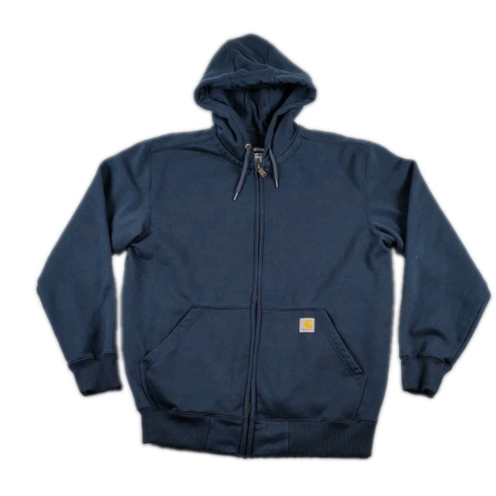 Carhartt Rain Defender Full Zip Fleece Hoodie Navy Blue Cotton Mens LG Loose Fit